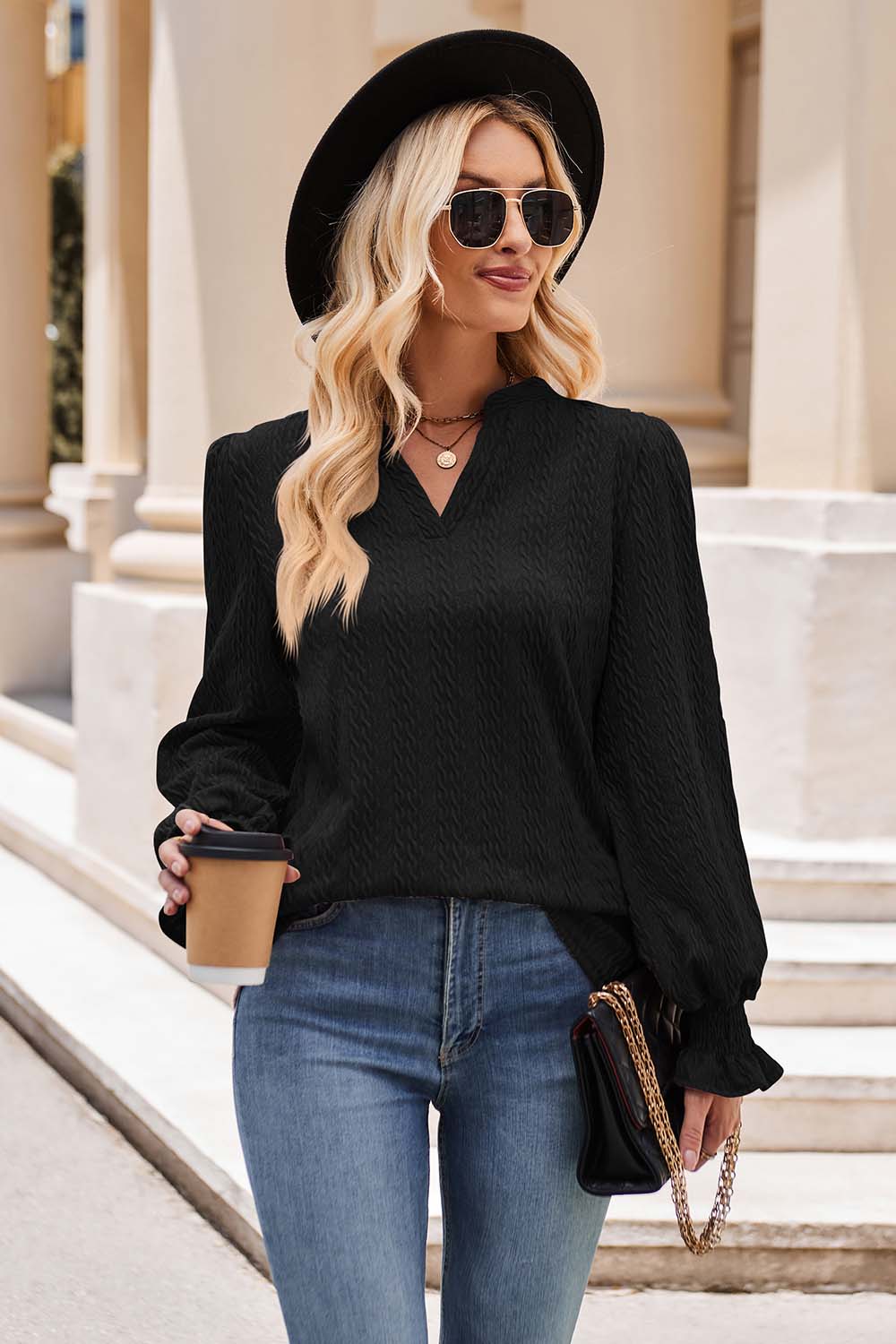 notched neck flounce sleeve blouse