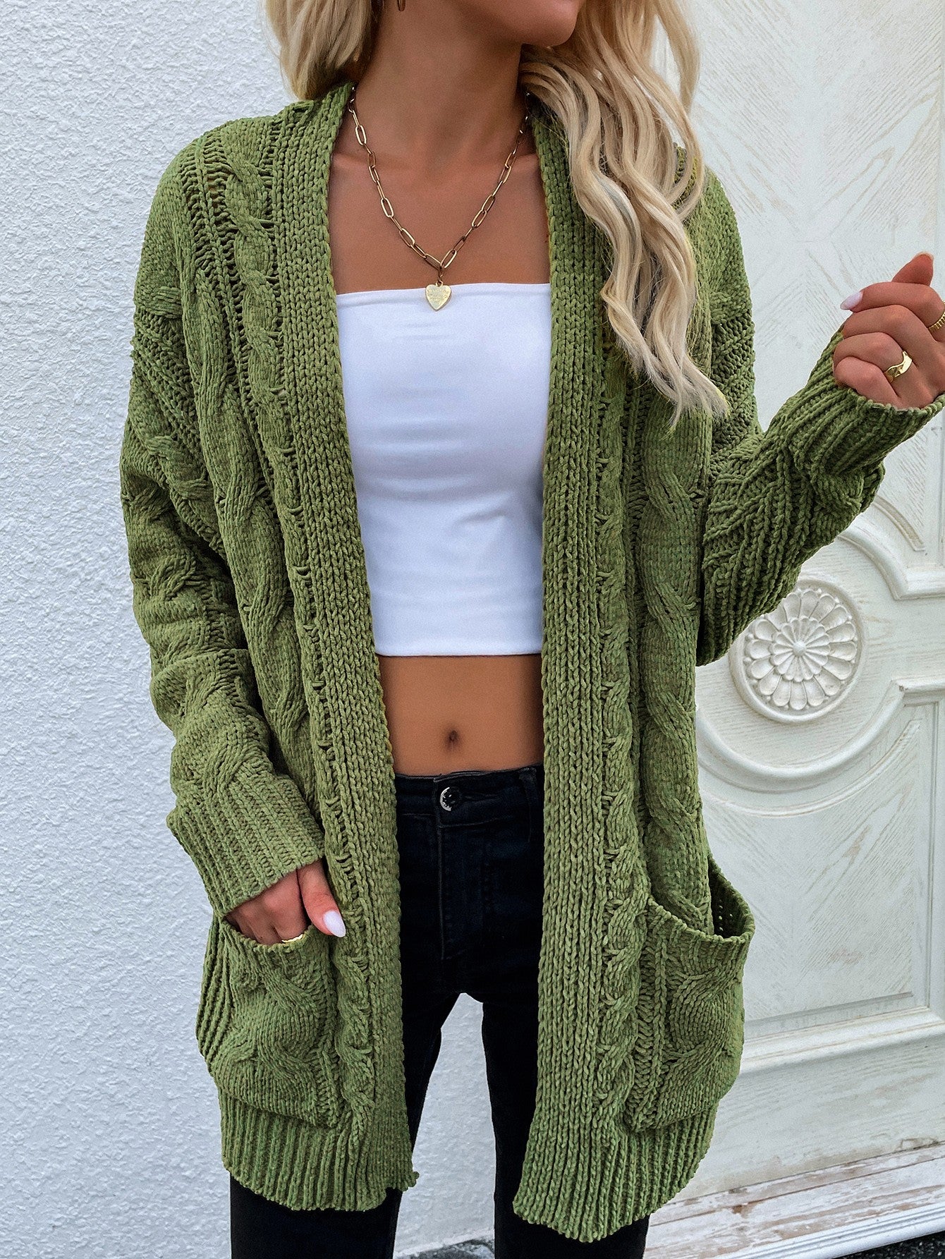 woven right cable-knit open front cardigan with front pockets