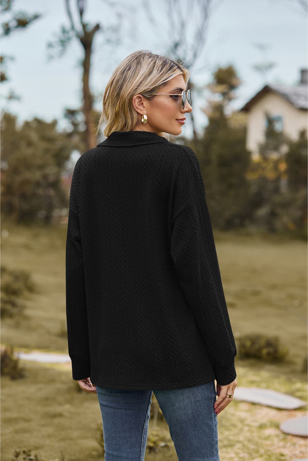 collared neck cable-knit long sleeve blouse