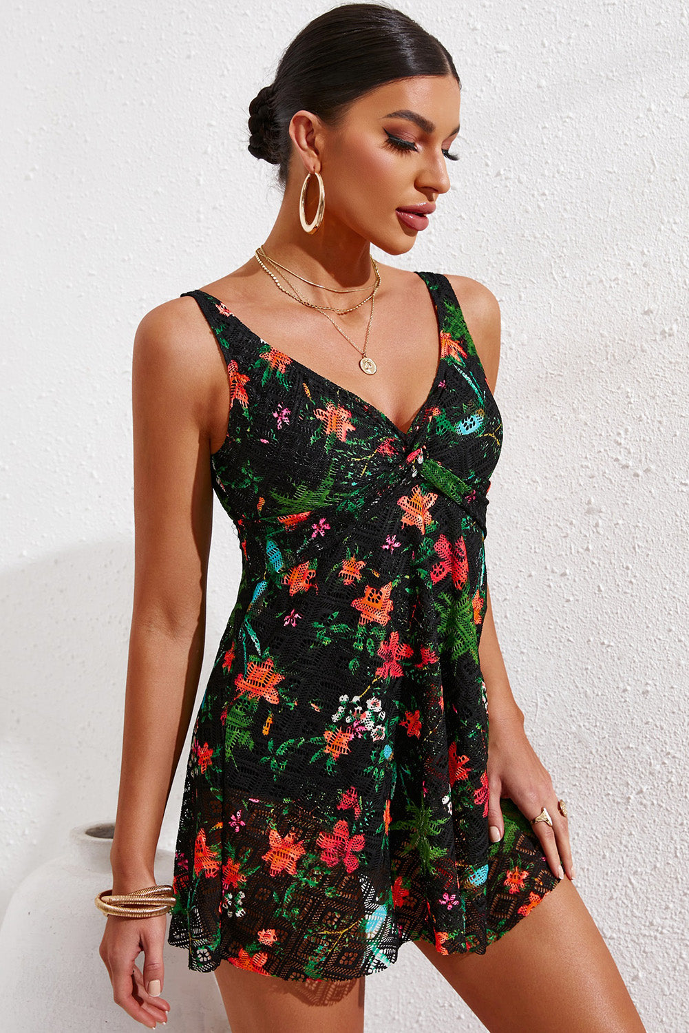 full size twist front sleeveless swim dress