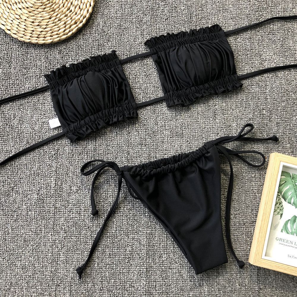 frill trim ruched bikini set