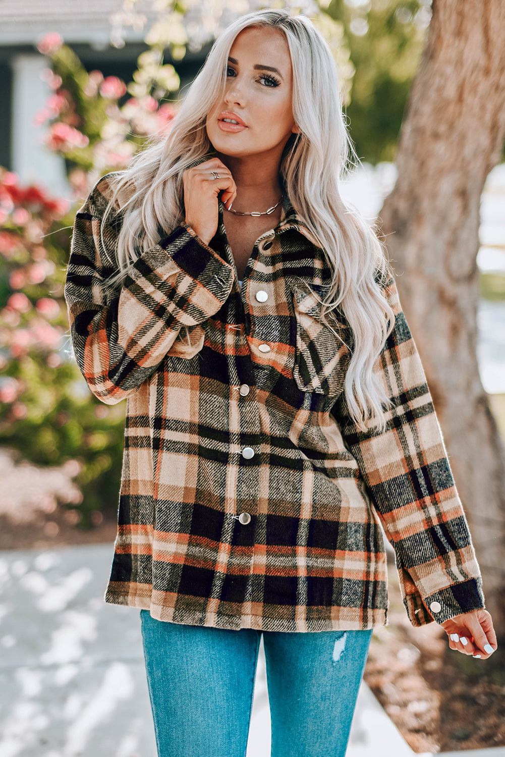 double take plaid button front shirt jacket with breast pockets