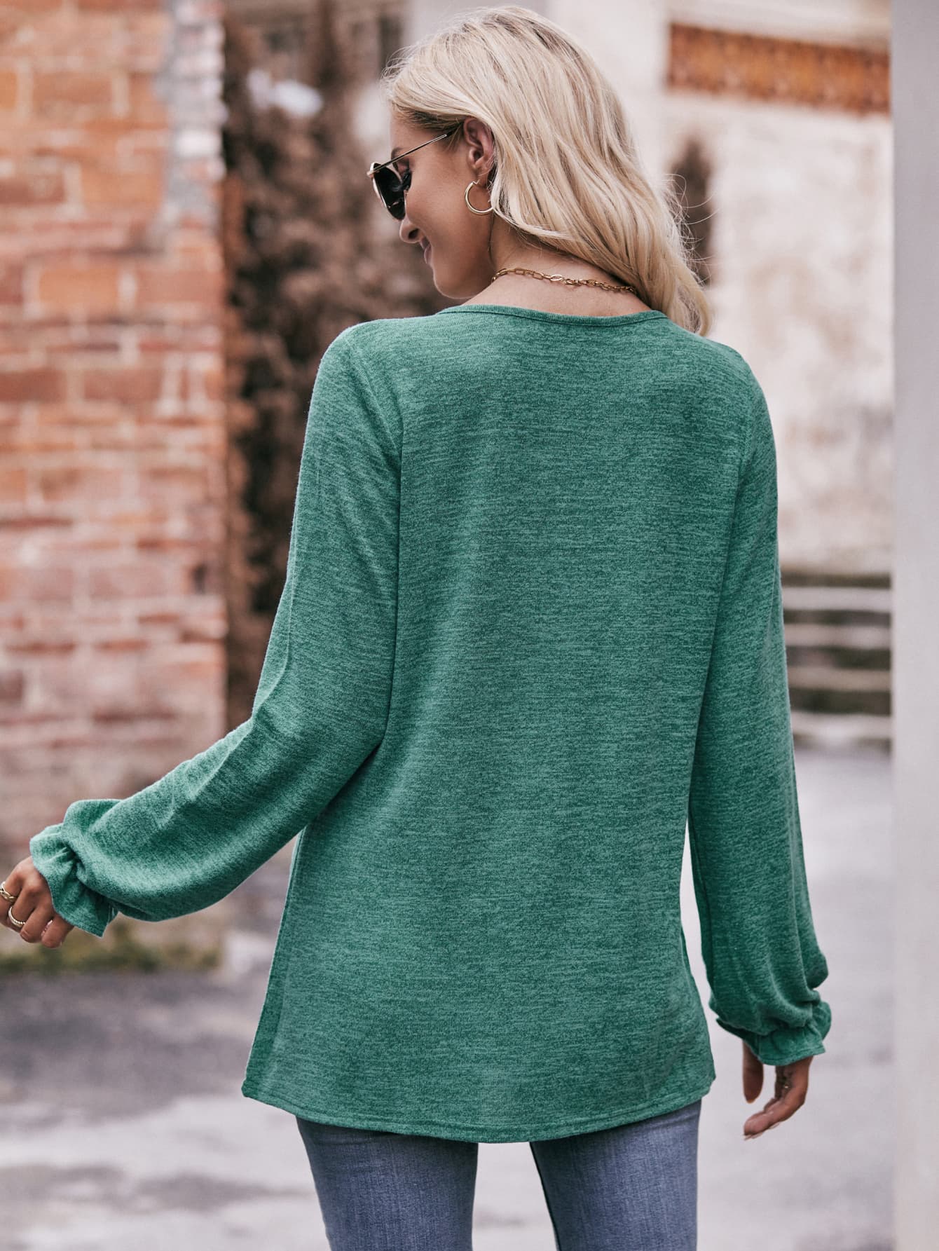 double take long flounce sleeve round neck blouse