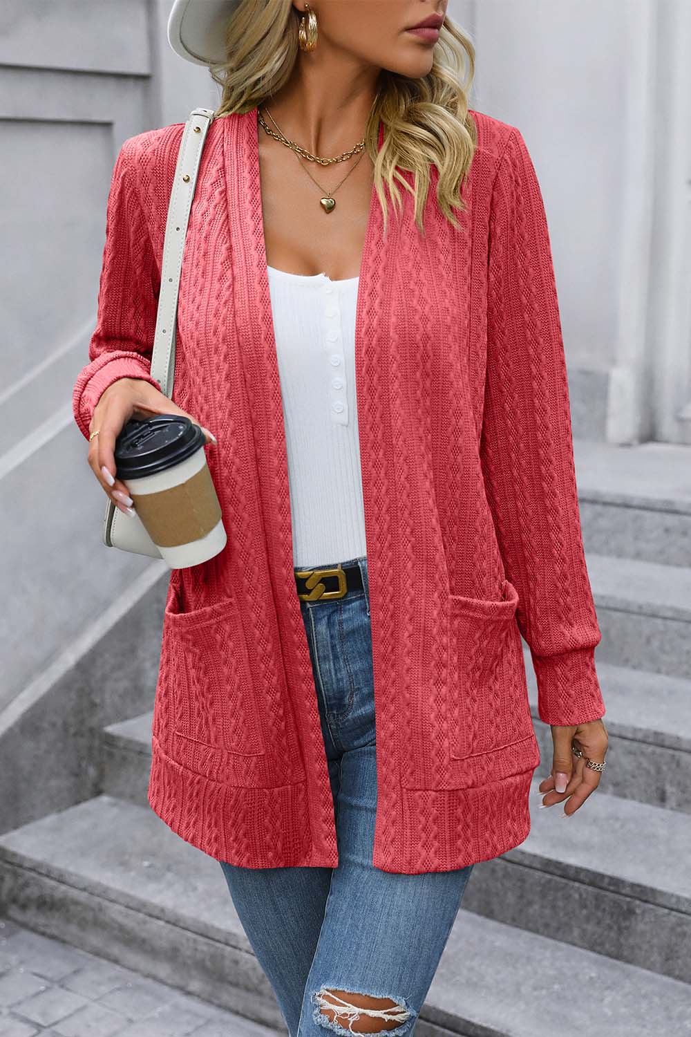 cable-knit long sleeve cardigan with pocket