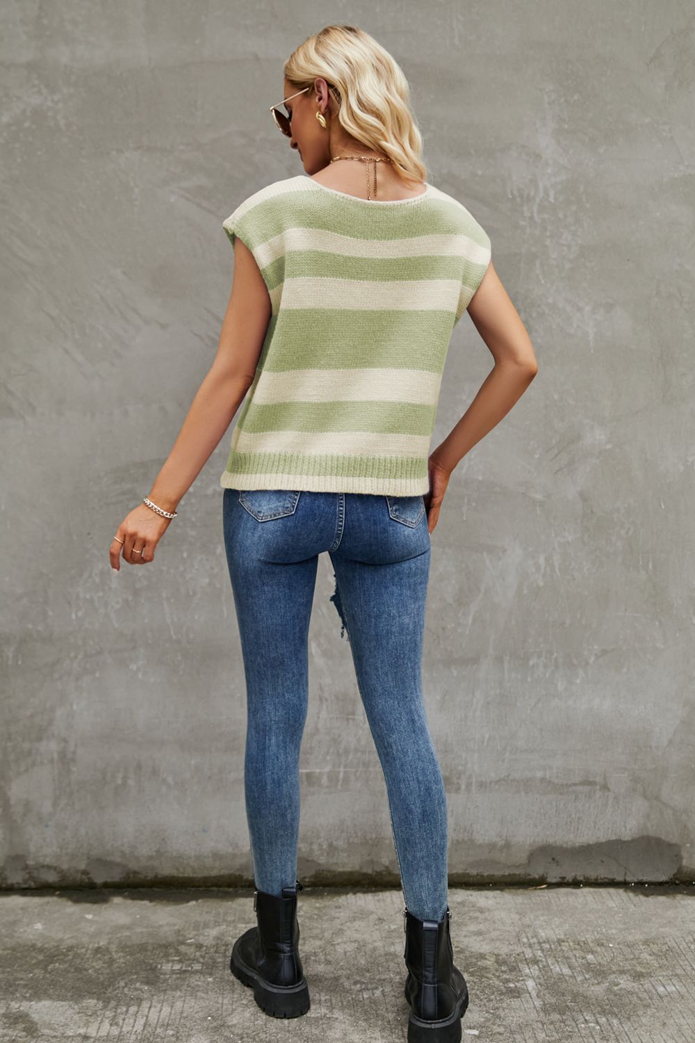 striped round neck cap sleeve knit top