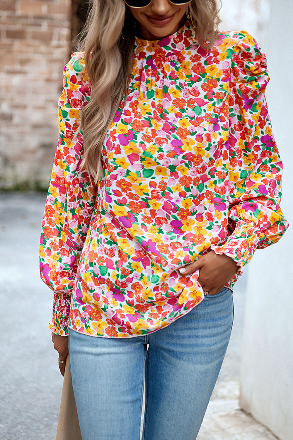 printed smocked puff sleeve blouse