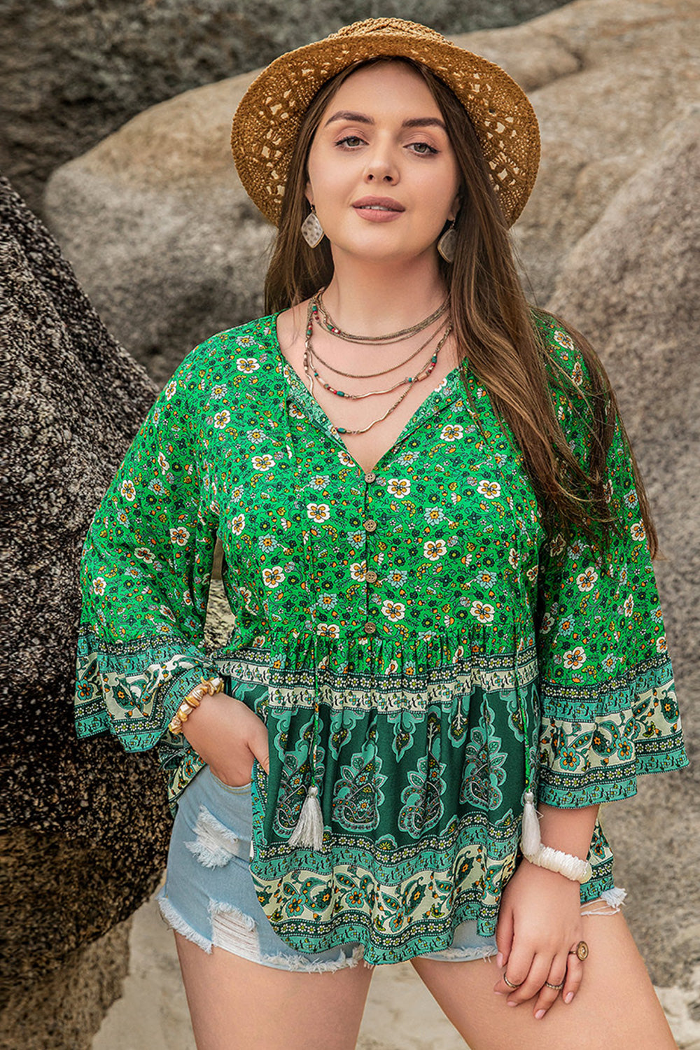 plus size floral tassel tie blouse