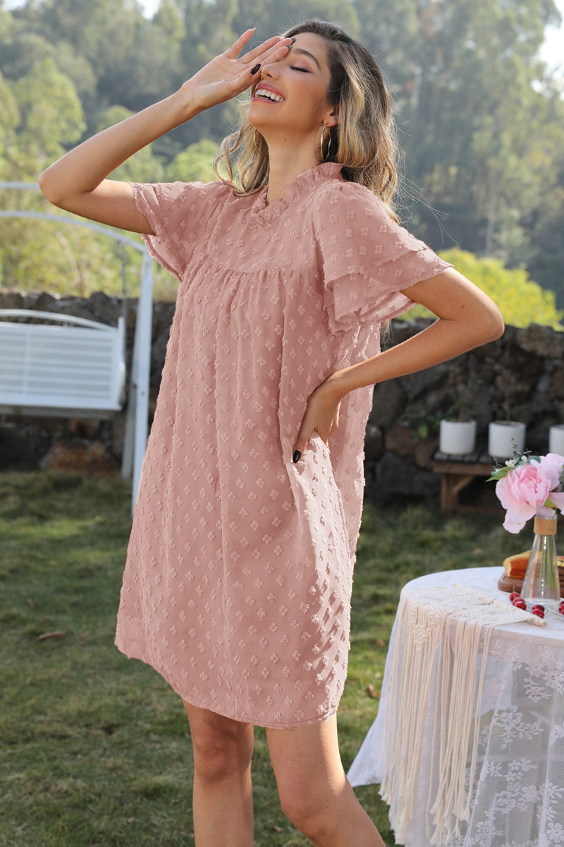 swiss dot round neck flutter sleeve dress