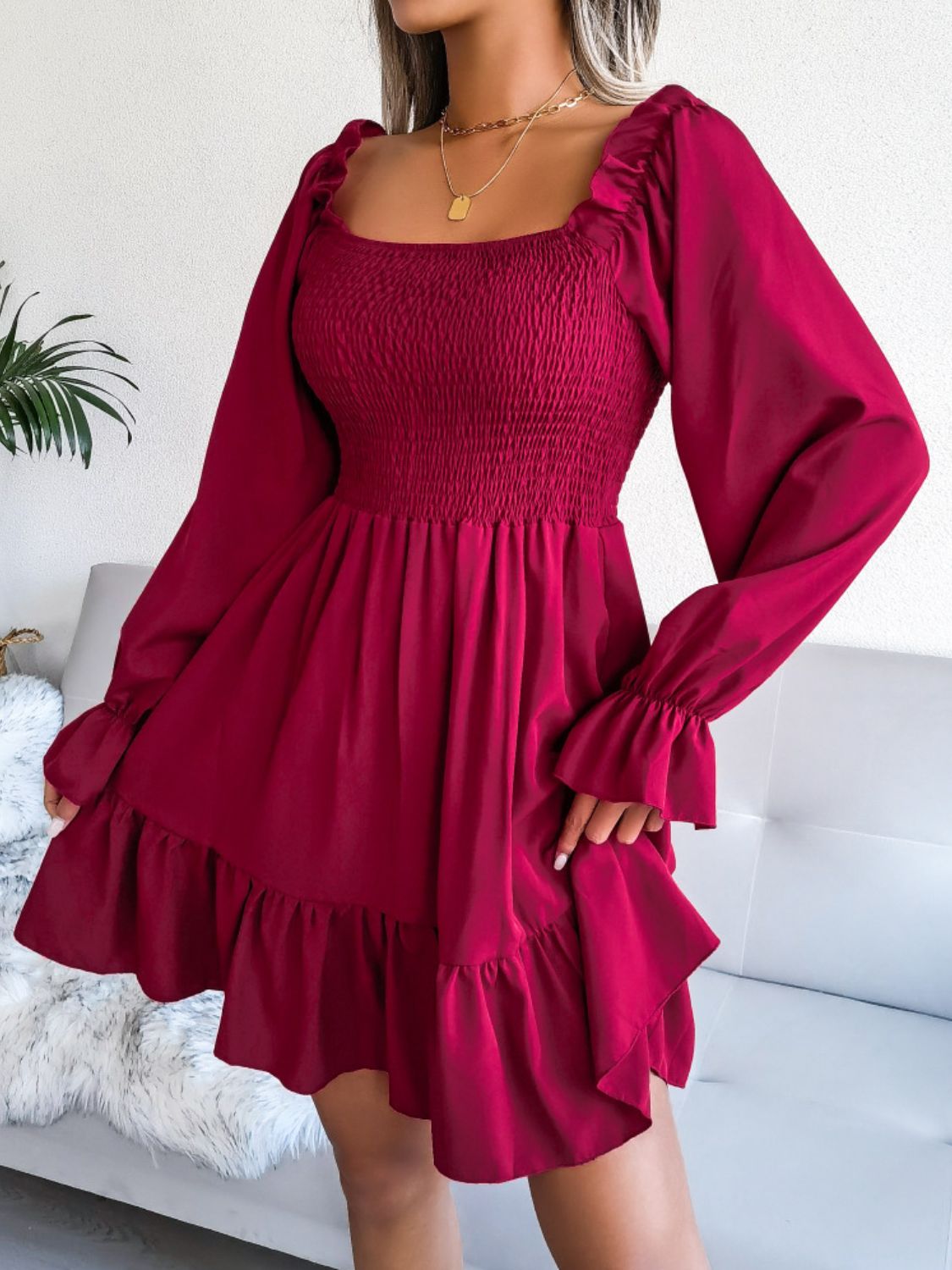 smocked flounce sleeve square neck dress