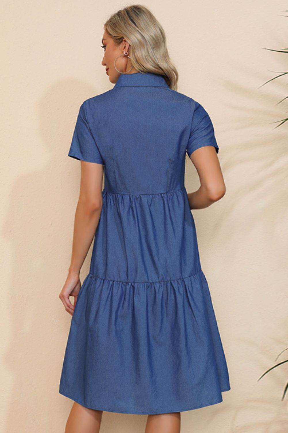 short sleeve collared button down denim dress