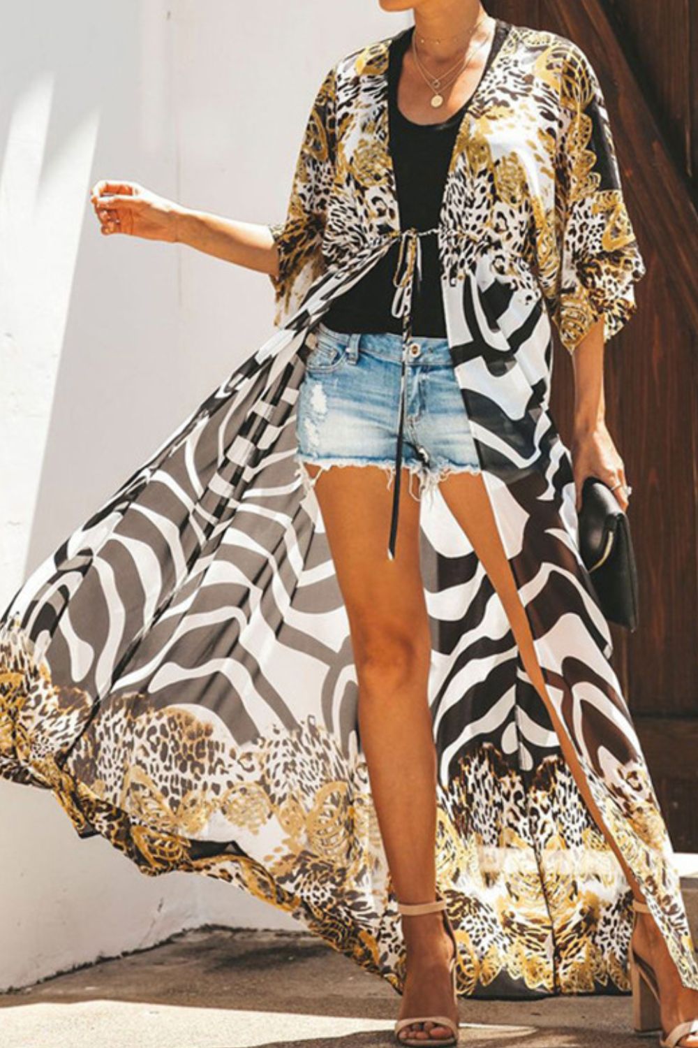 printed tied duster cardigan