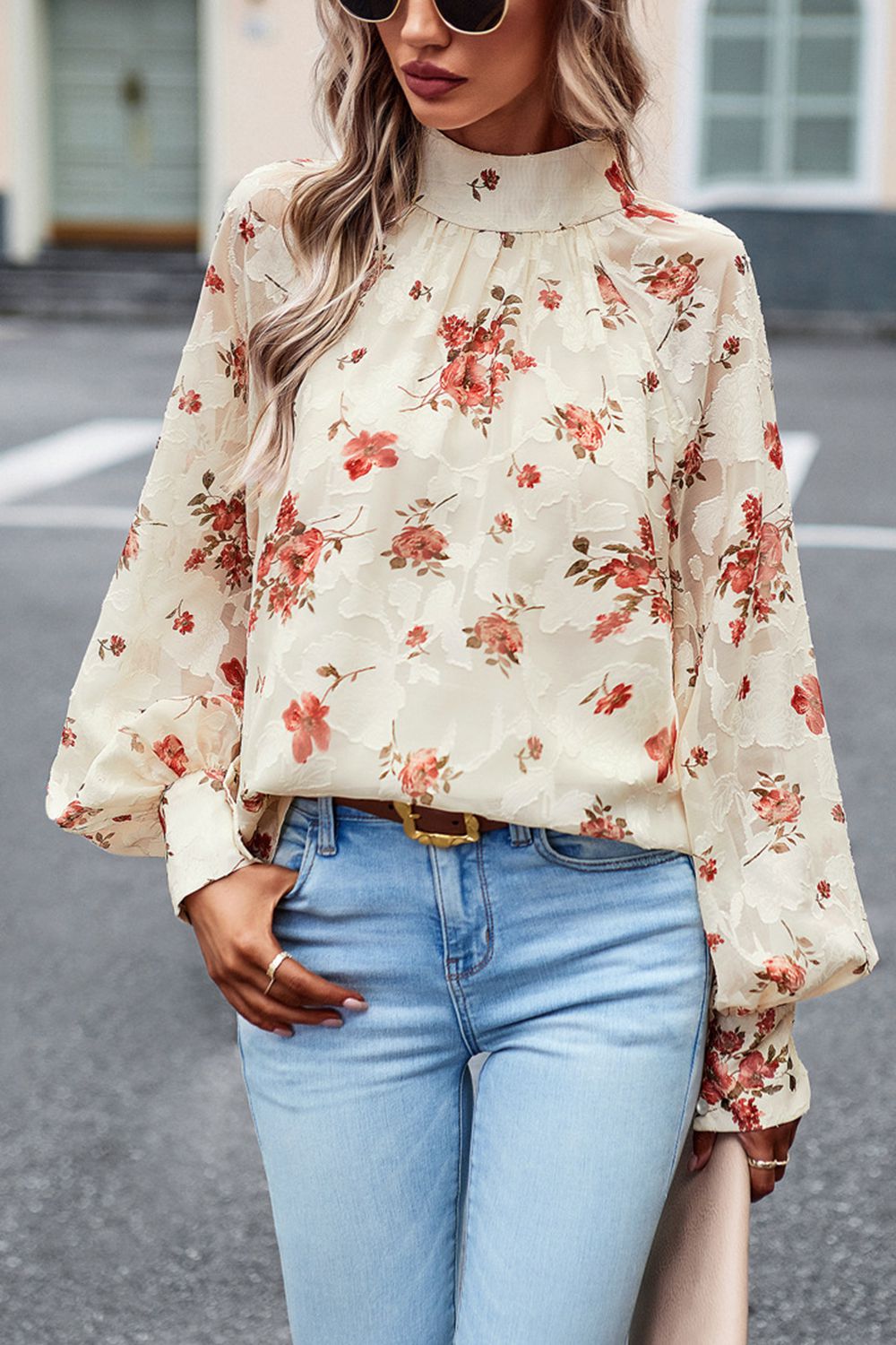 floral print mock neck lantern sleeve blouse