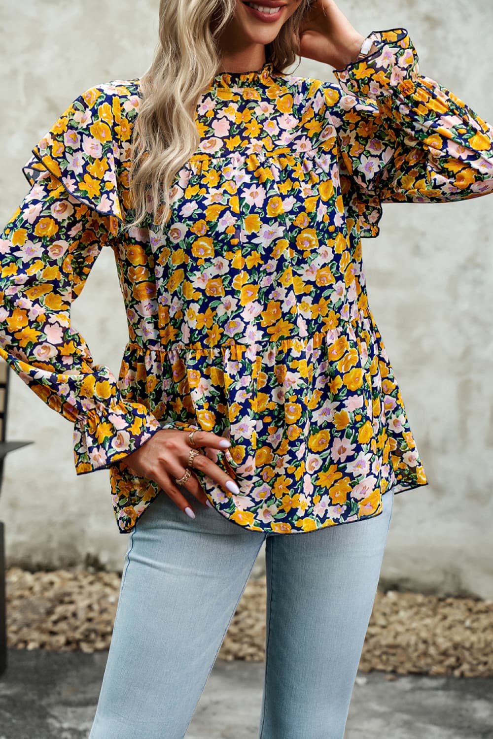 printed round neck flounce sleeve blouse