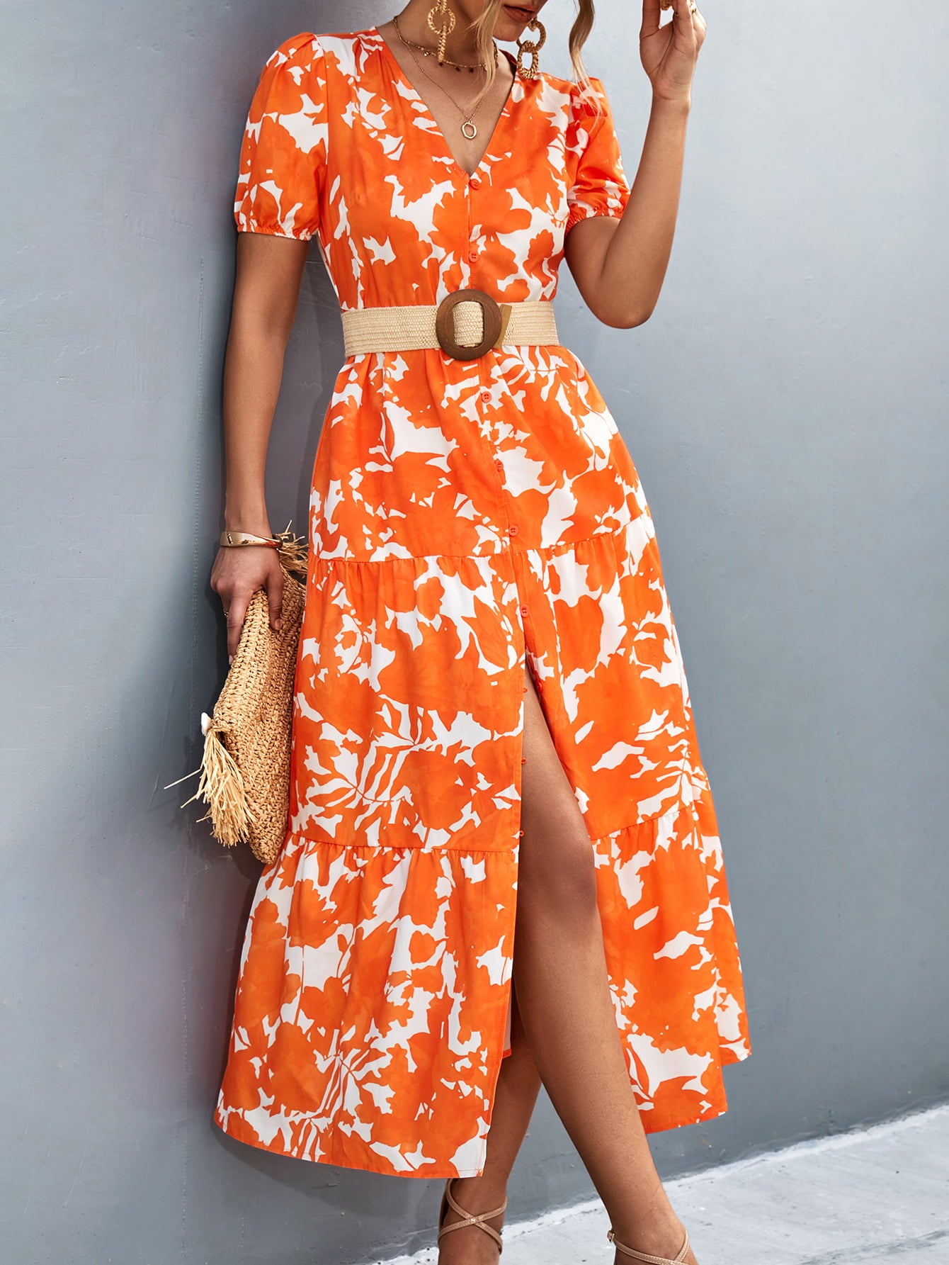 v-neck short sleeve high slit midi dress