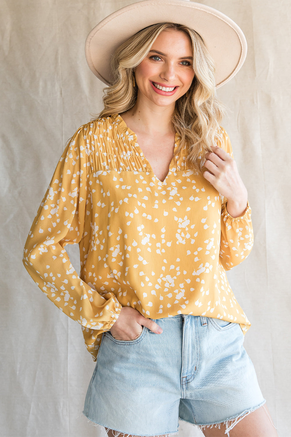 double take printed notched neck smocked blouse