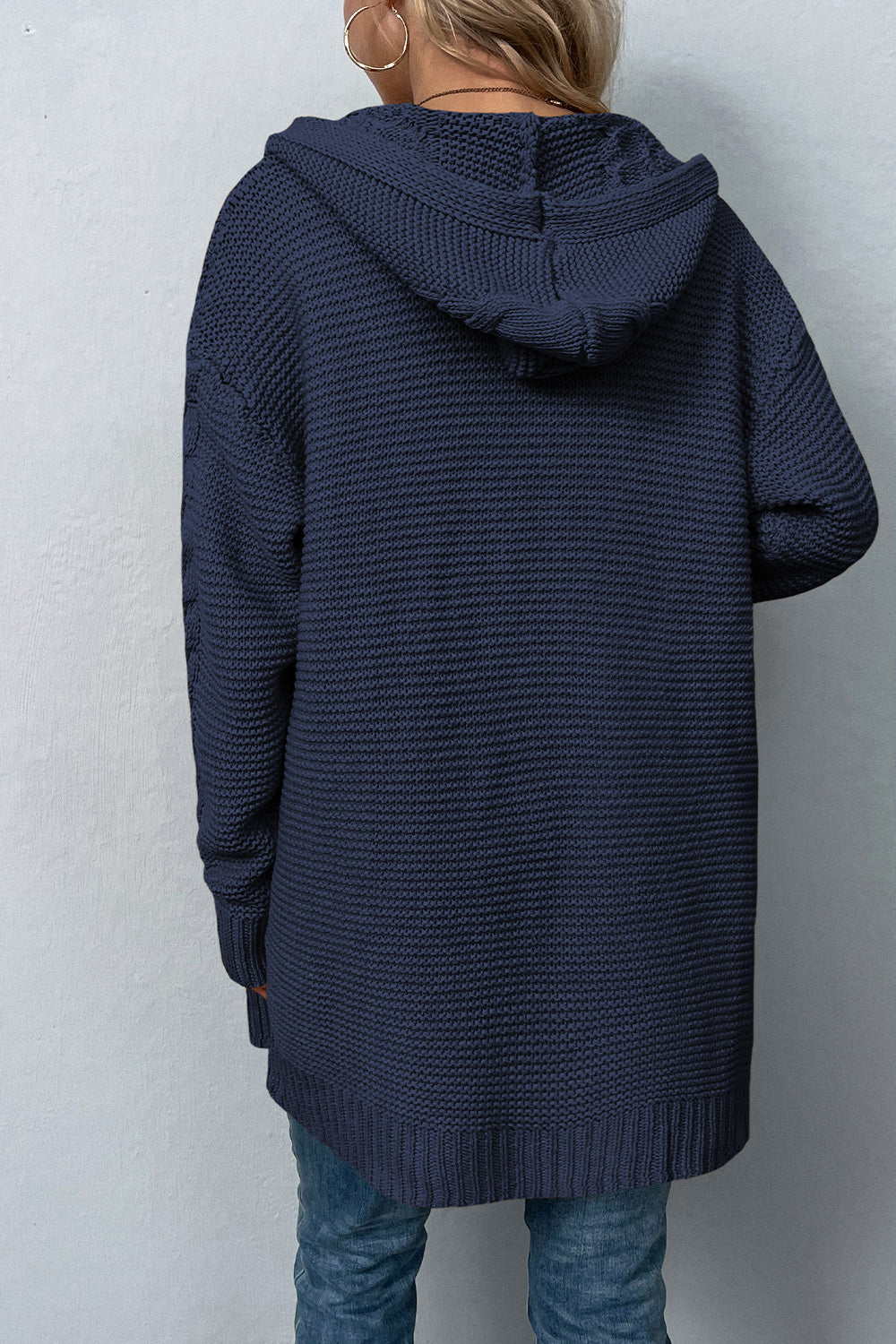 cable-knit dropped shoulder hooded cardigan