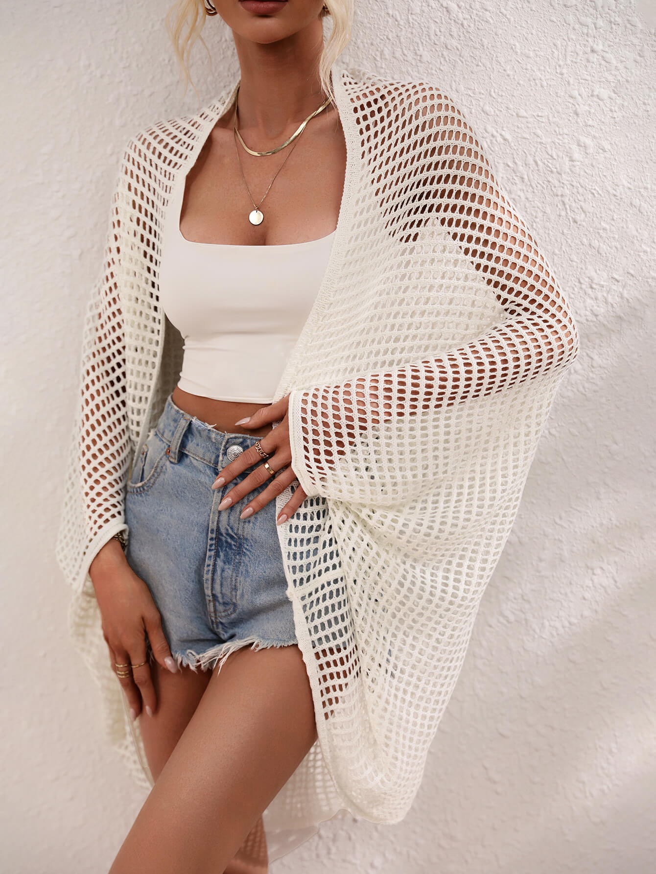 openwork open front longline cover up