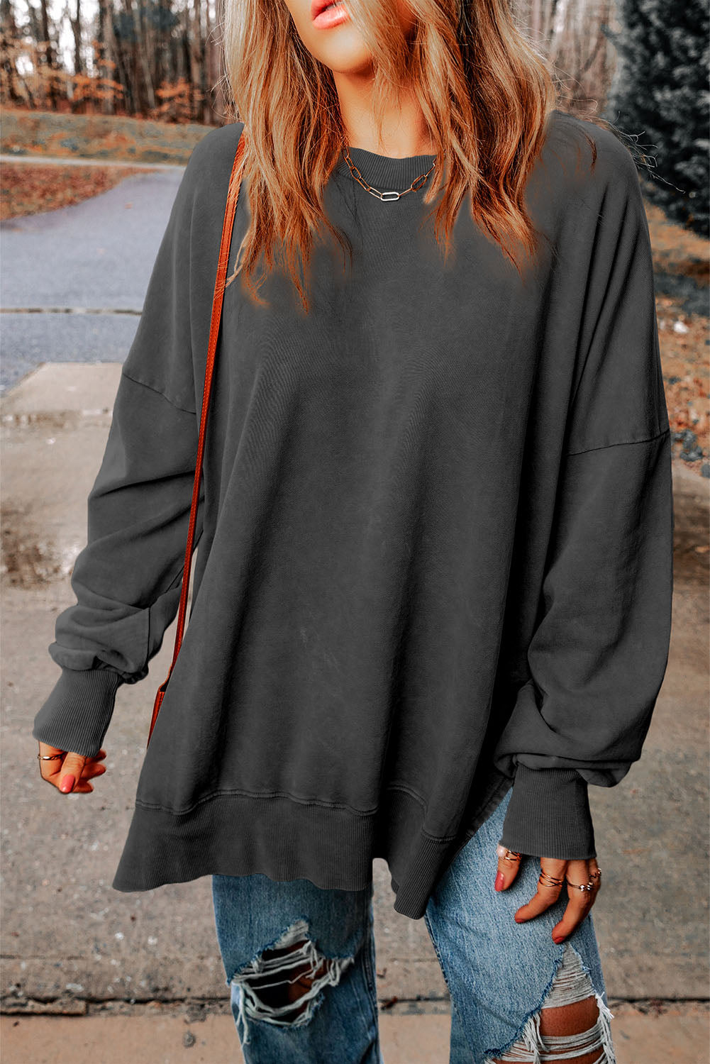 dropped shoulder round neck long sleeve blouse