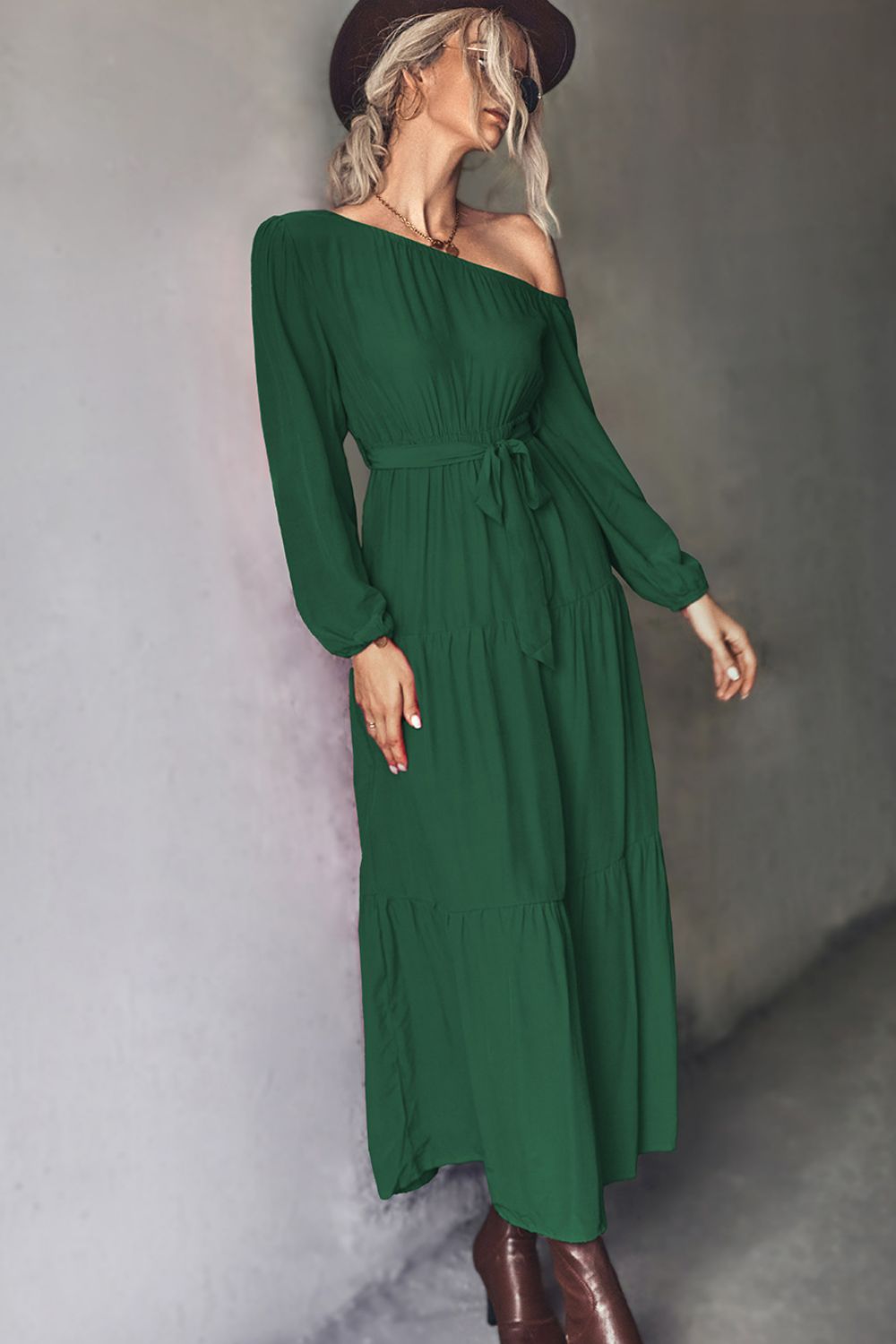 belted one-shoulder tiered maxi dress