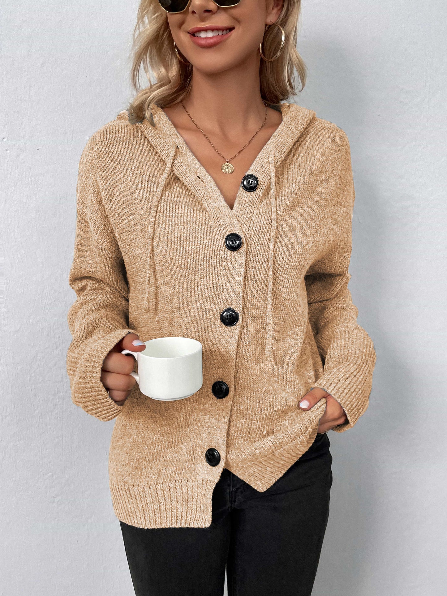 button-down long sleeve hooded sweater