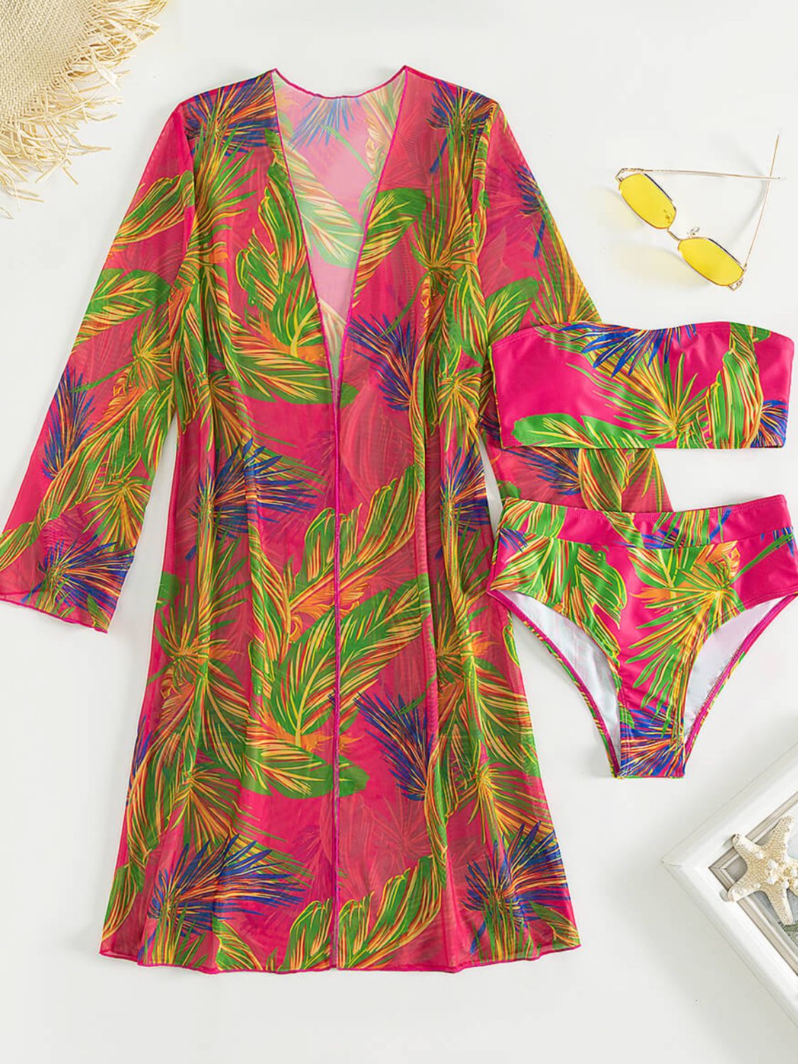 botanical print tube top, swim bottoms, and cover up set