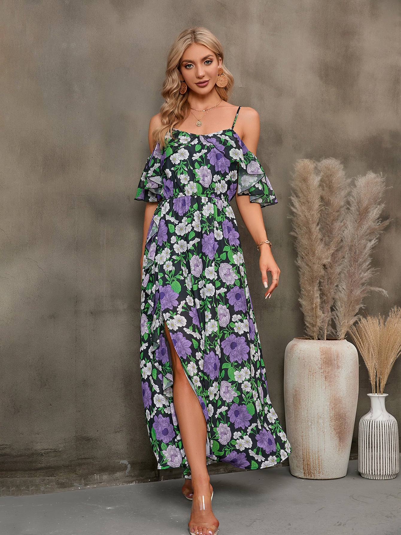 floral spaghetti strap cold-shoulder slit maxi dress