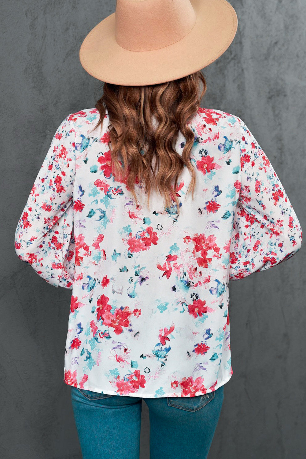 floral frill trim tie neck flounce sleeve blouse