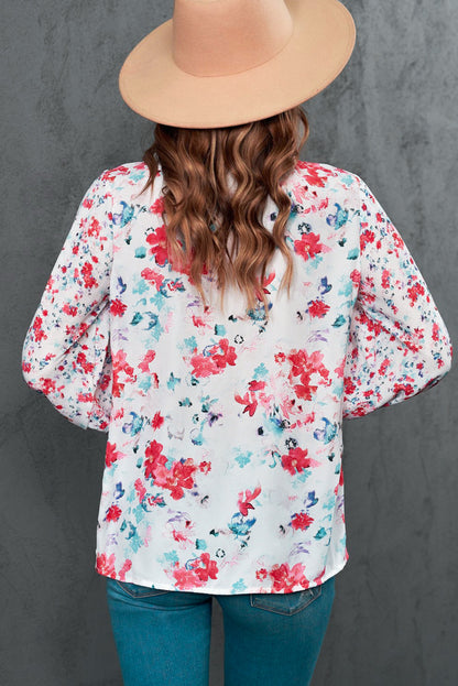 Floral Frill Trim Tie Neck Flounce Sleeve Blouse