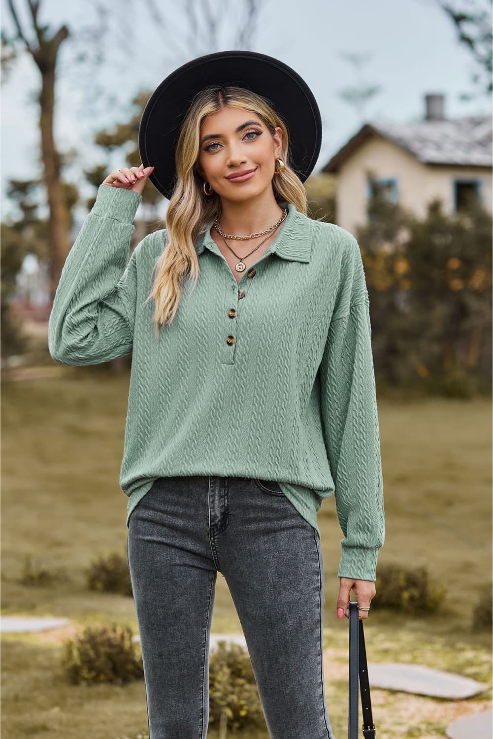 collared neck long sleeve blouse