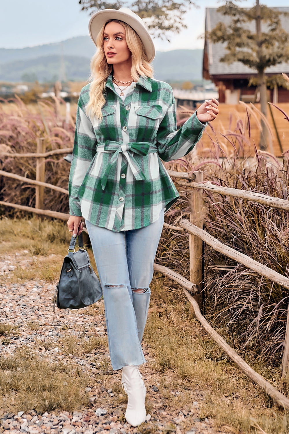 plaid collared neck bow front long sleeve jacket