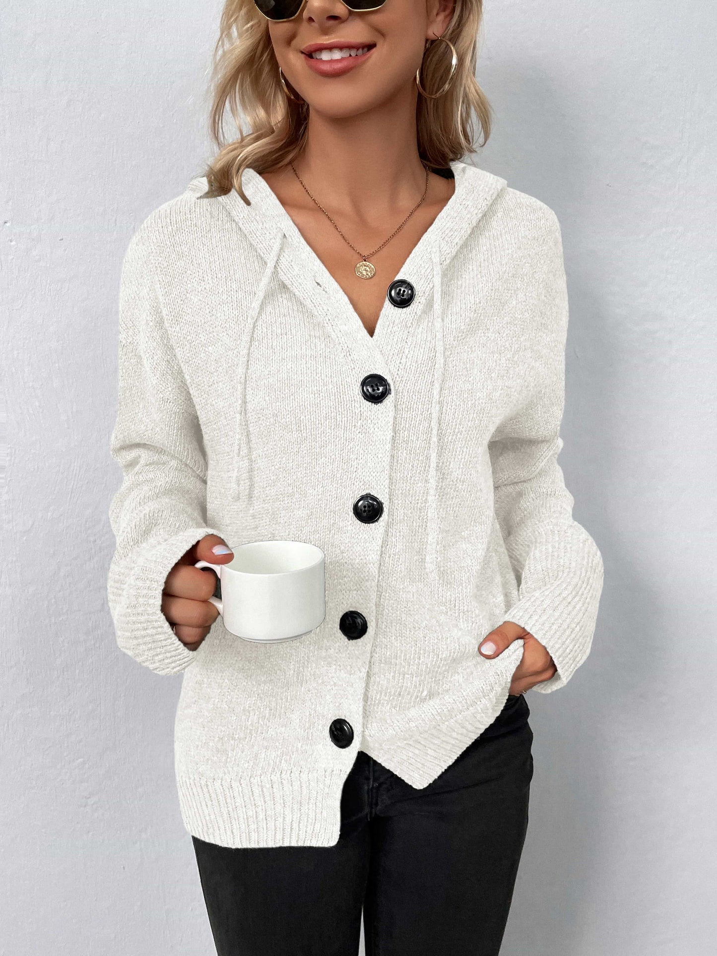 button-down long sleeve hooded sweater