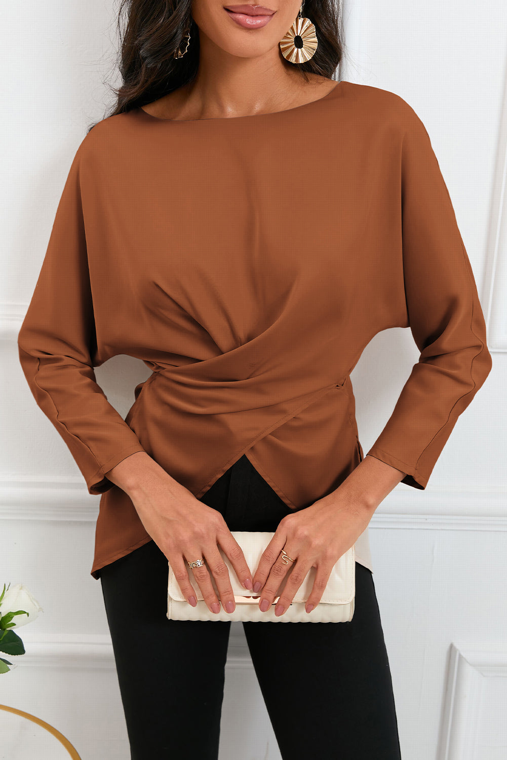 boat neck back tie long sleeve satin blouse