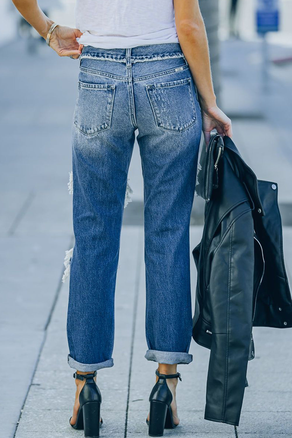 distressed frayed trim straight leg jeans