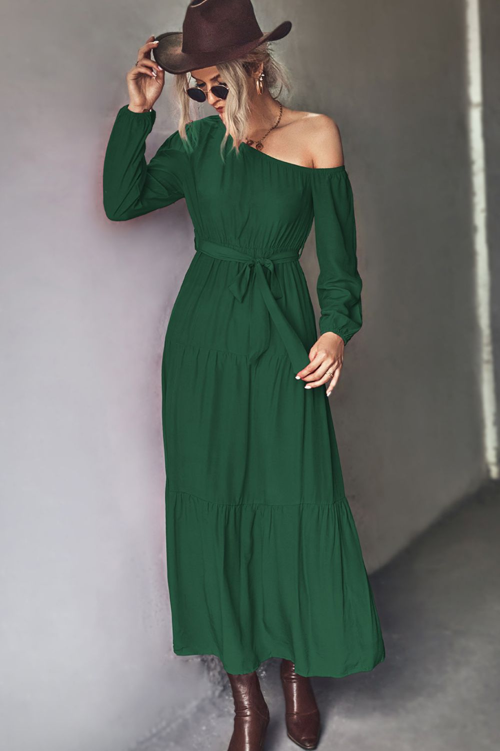 belted one-shoulder tiered maxi dress