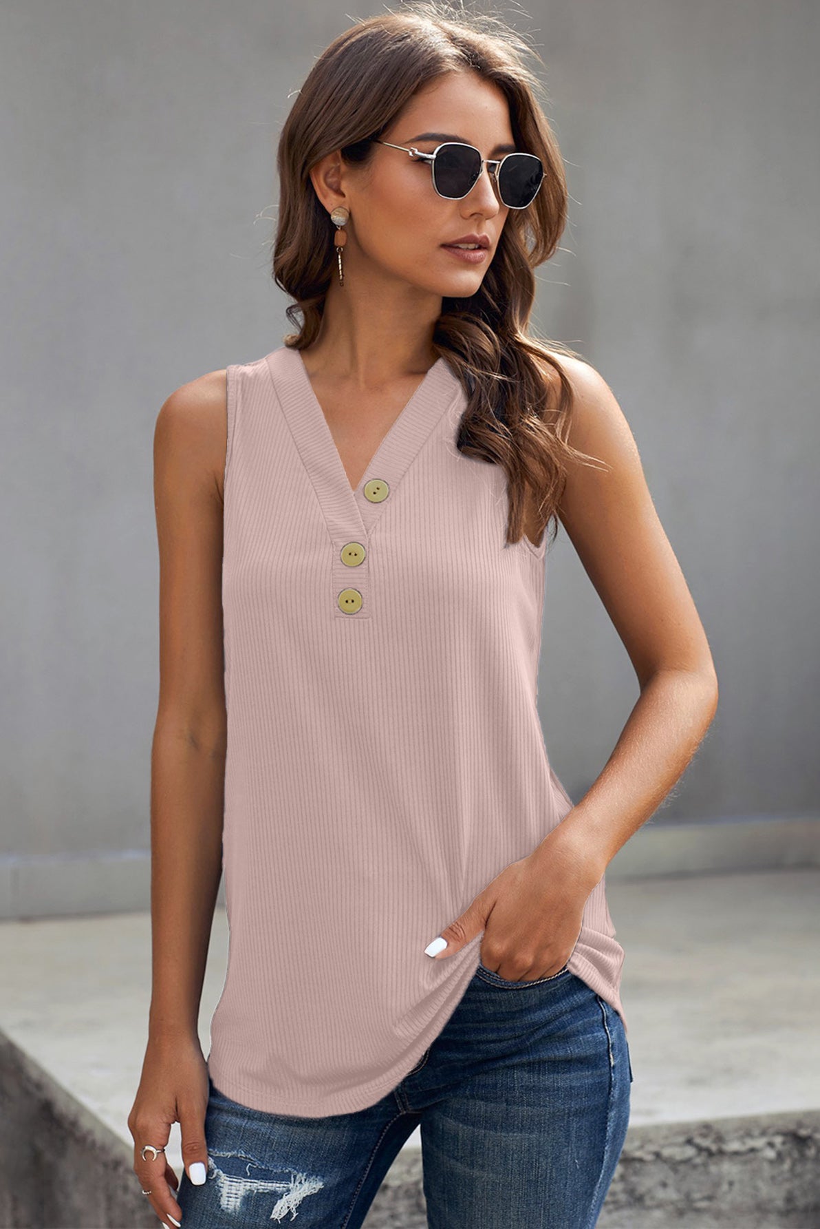 ribbed buttoned v-neck tank