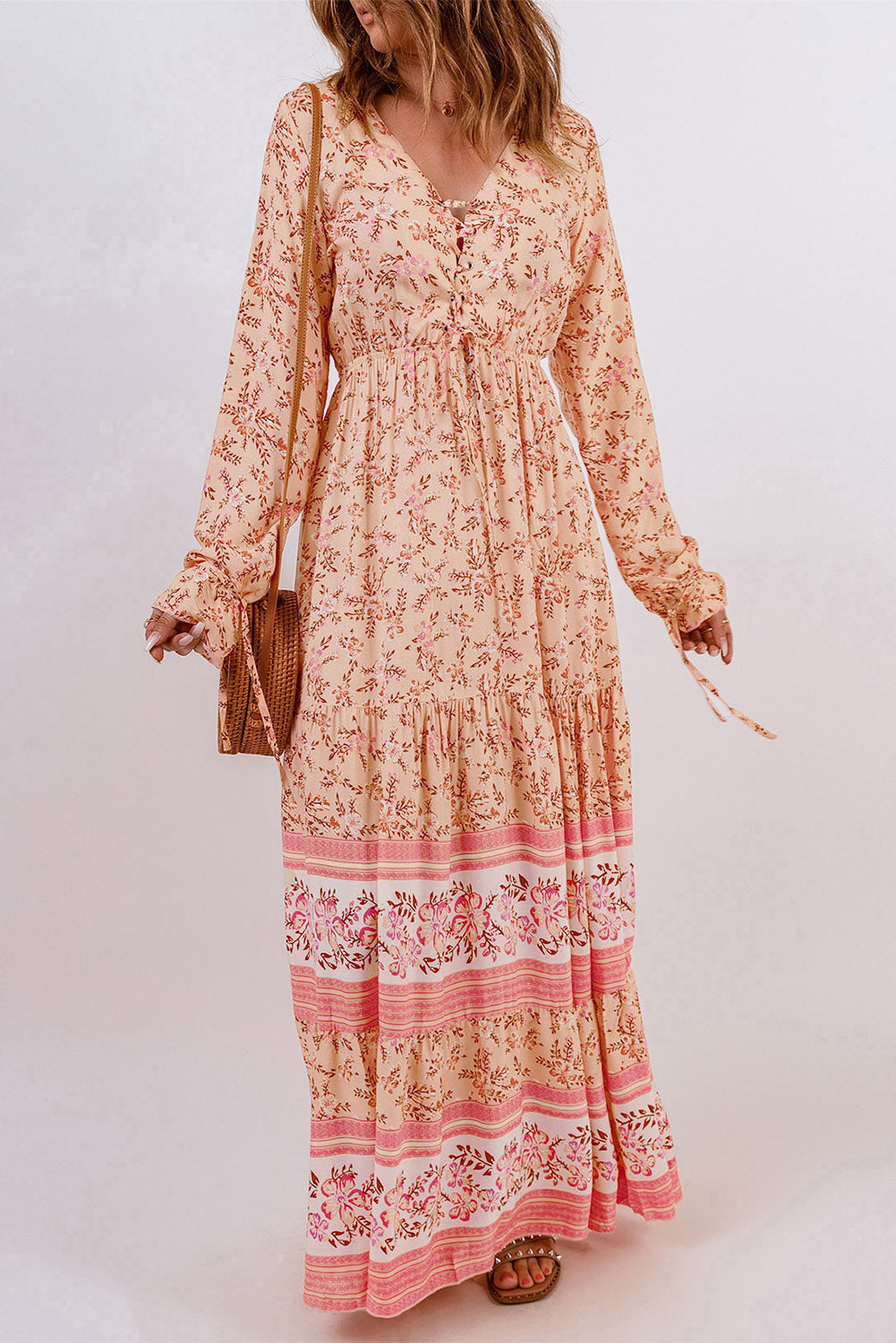 bohemian lace-up long sleeve maxi dress