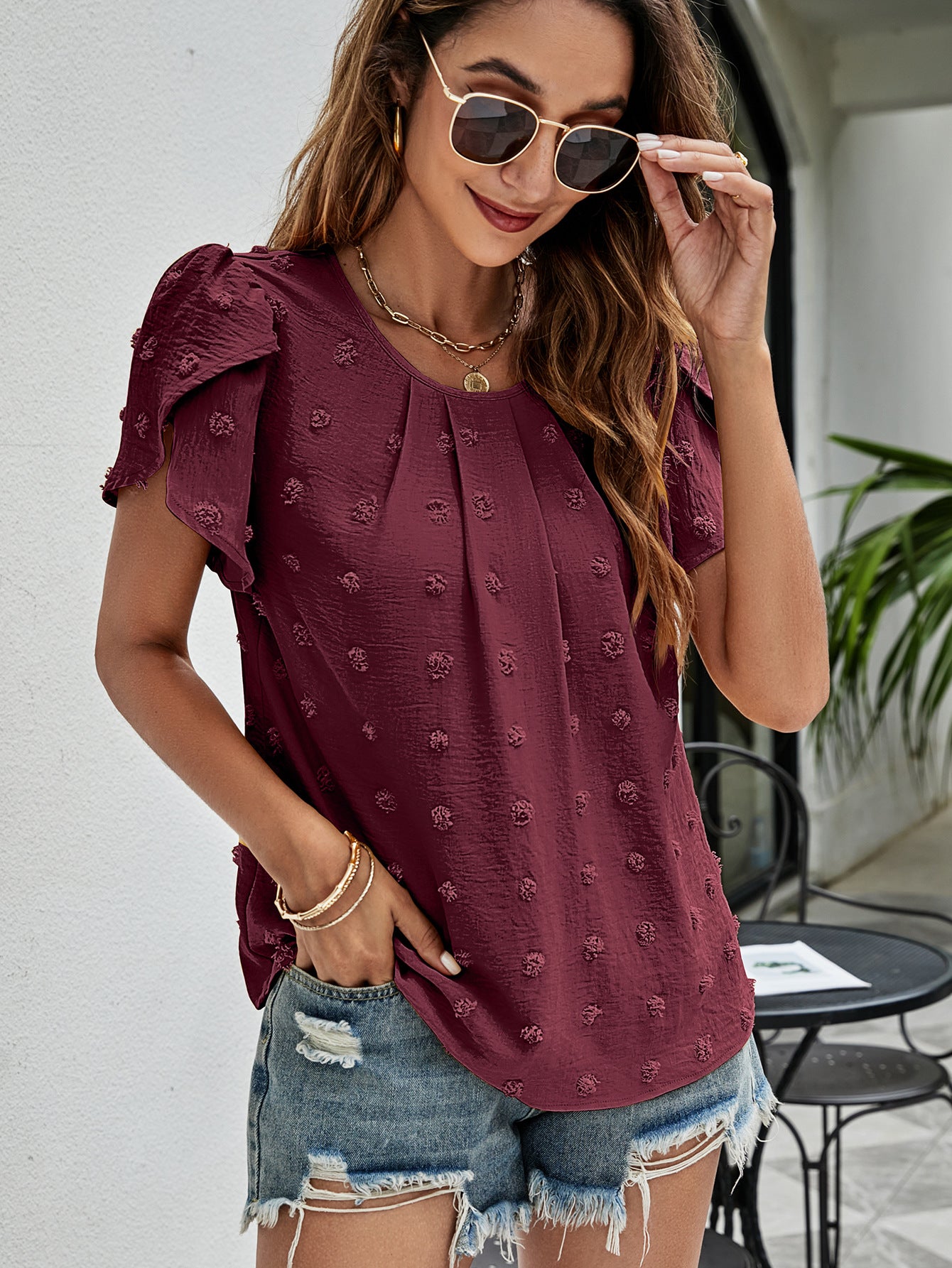 swiss dot round neck petal sleeve top