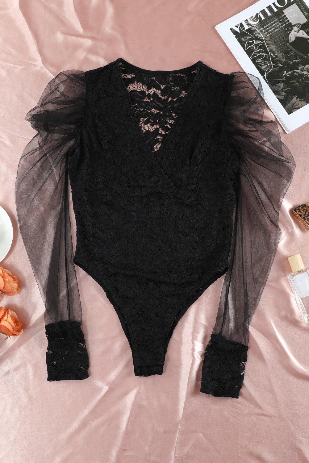 surplice neck long puff sleeve lace bodysuit