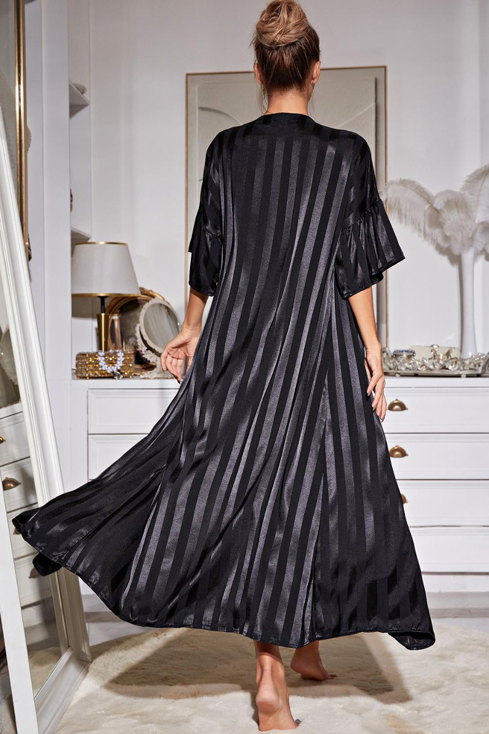 striped flounce sleeve open front robe and cami dress set