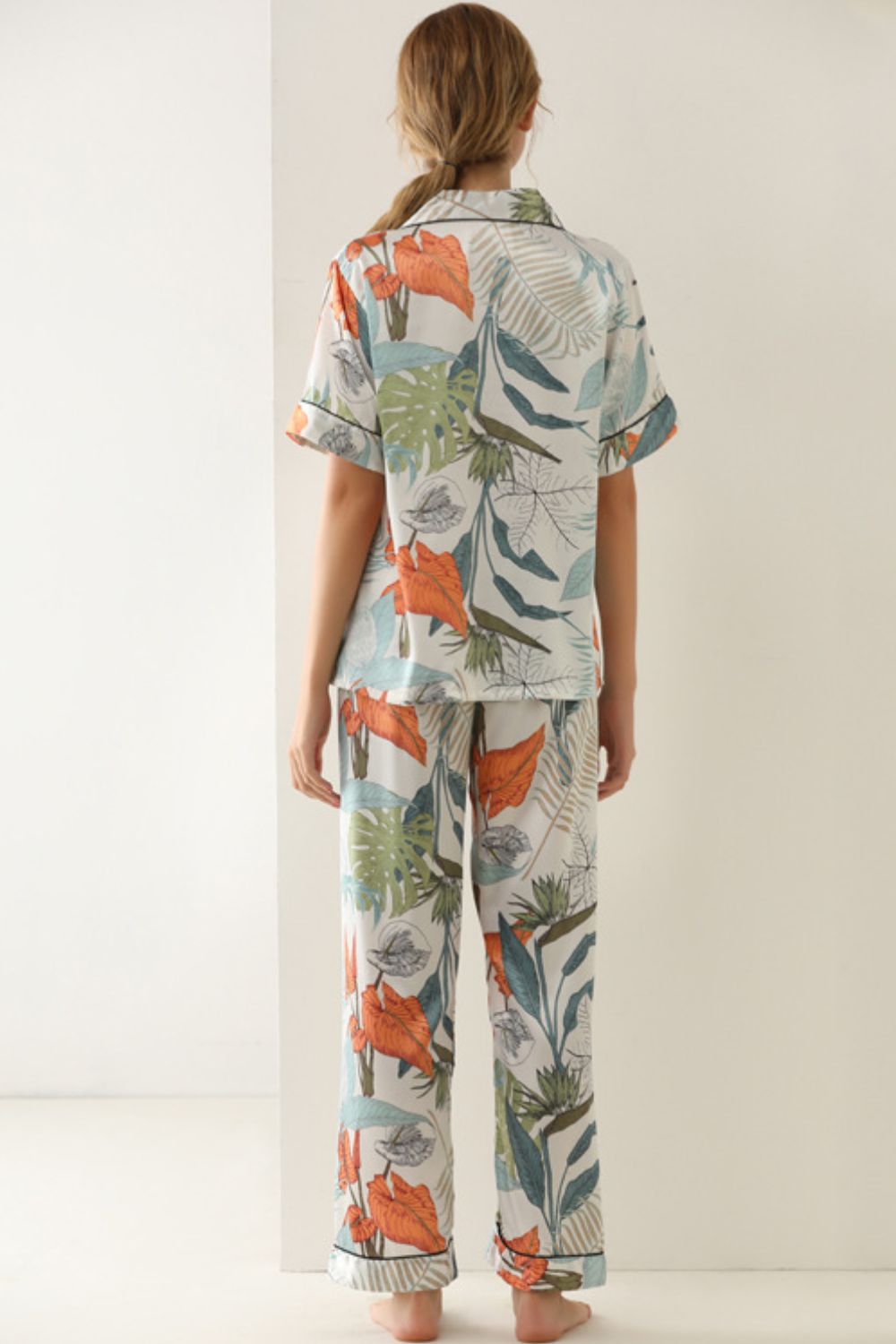 botanical print button-up top and pants pajama set