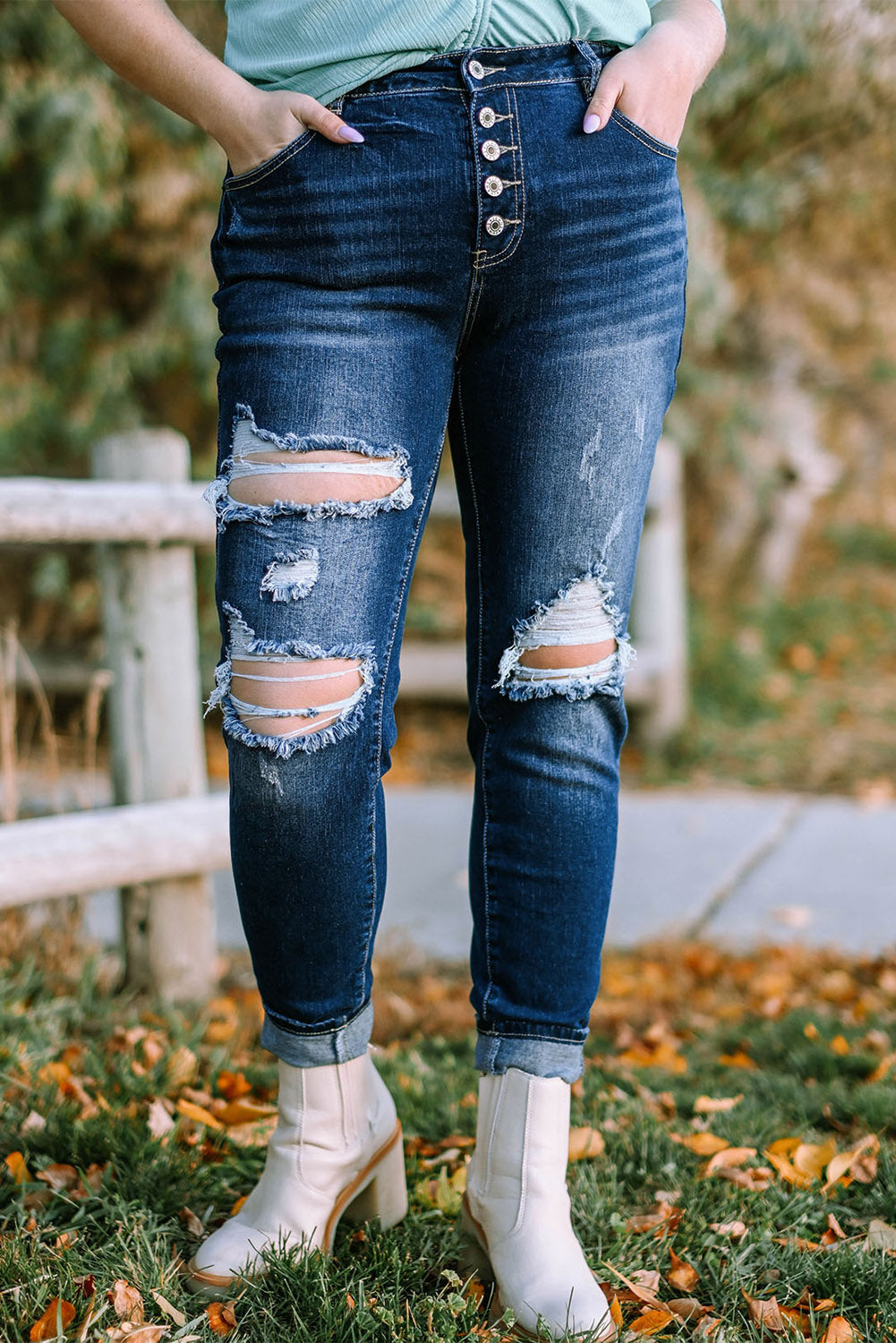 plus size button fly distressed jeans