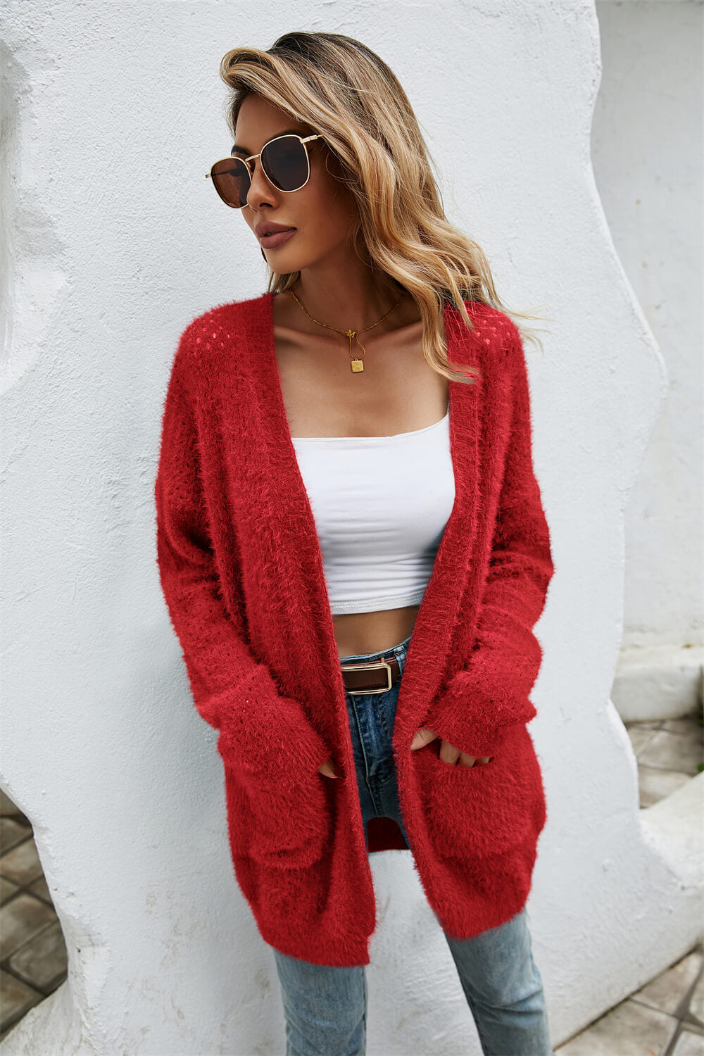 open front openwork fuzzy cardigan with pockets