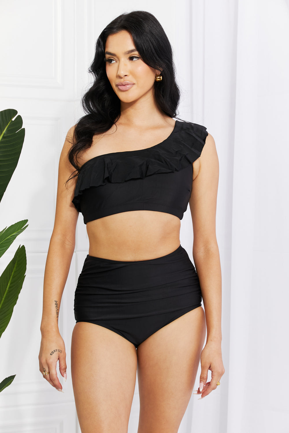 marina west swim seaside romance ruffle one-shoulder bikini in black