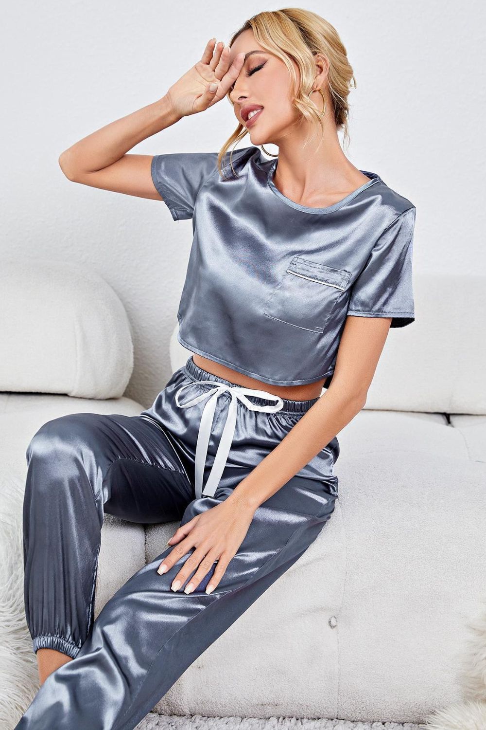 satin short sleeve crop top and joggers lounge set