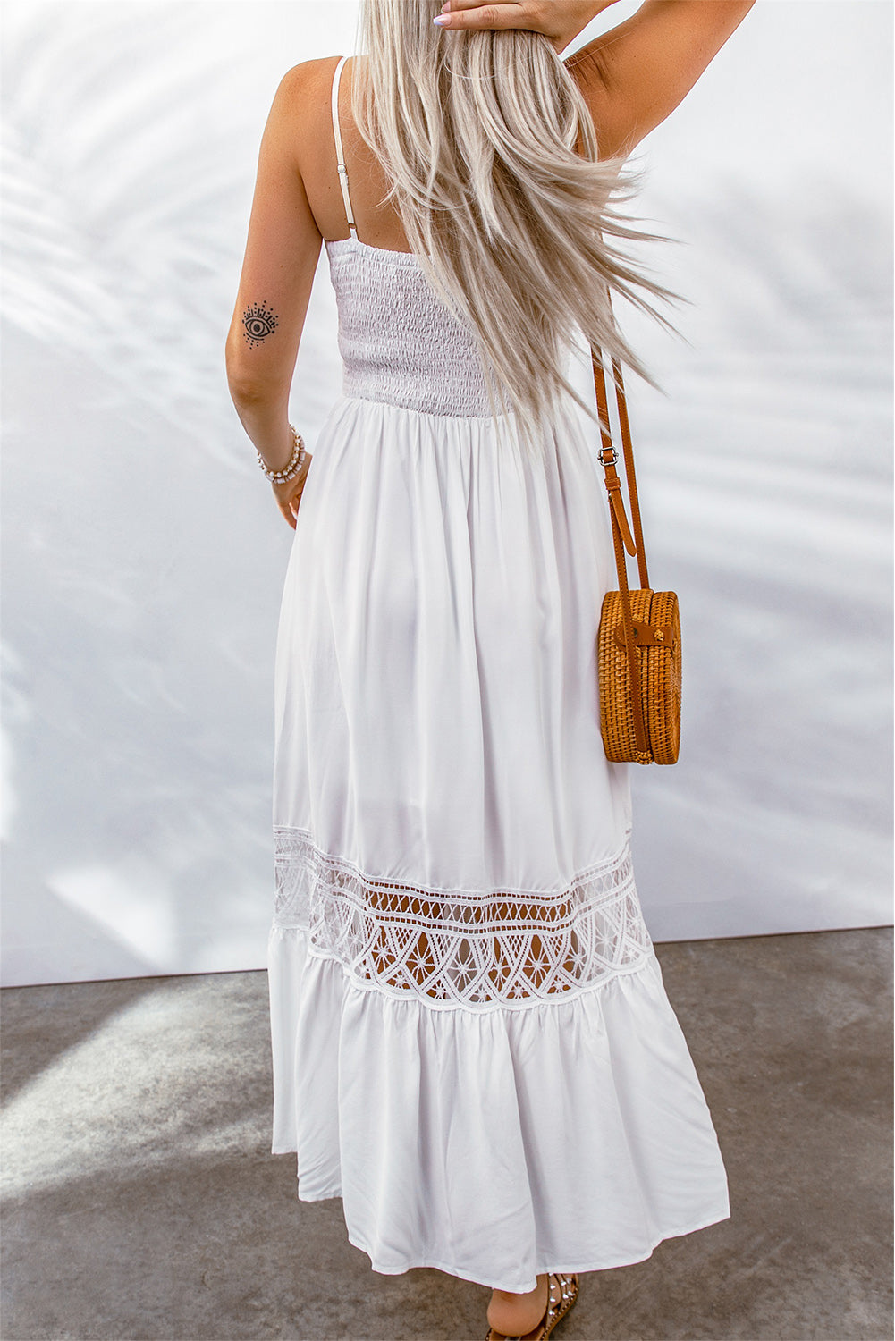 buttoned spliced lace spaghetti strap maxi dress