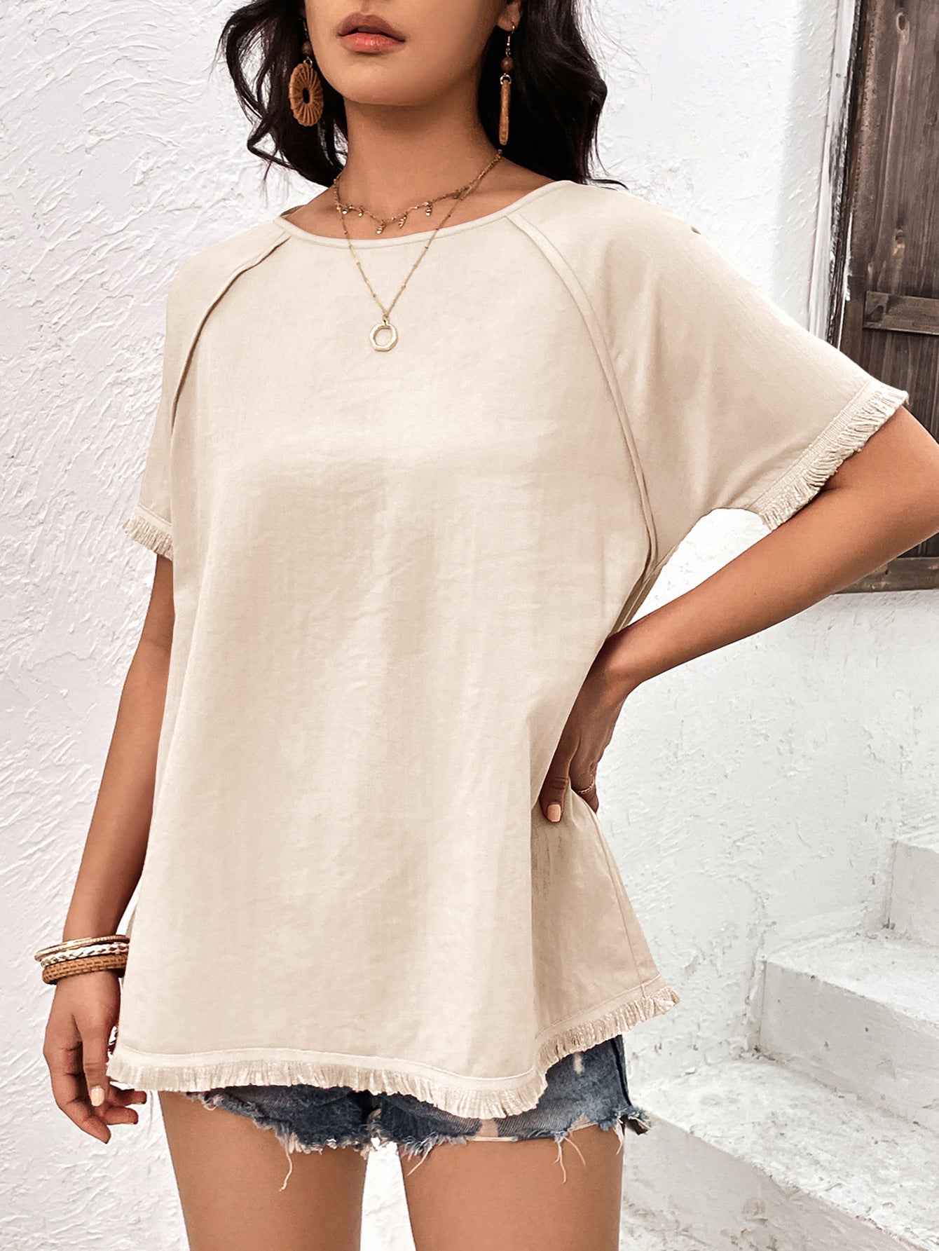 round neck raglan sleeve fringe detail top
