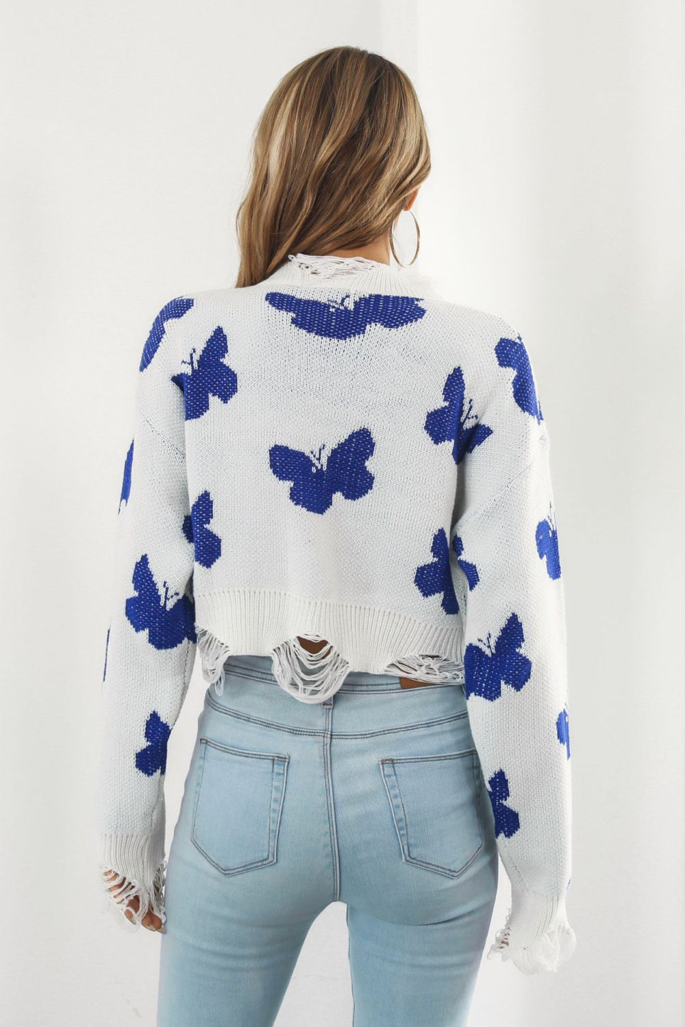 printed round neck ribbed long sleeve sweater