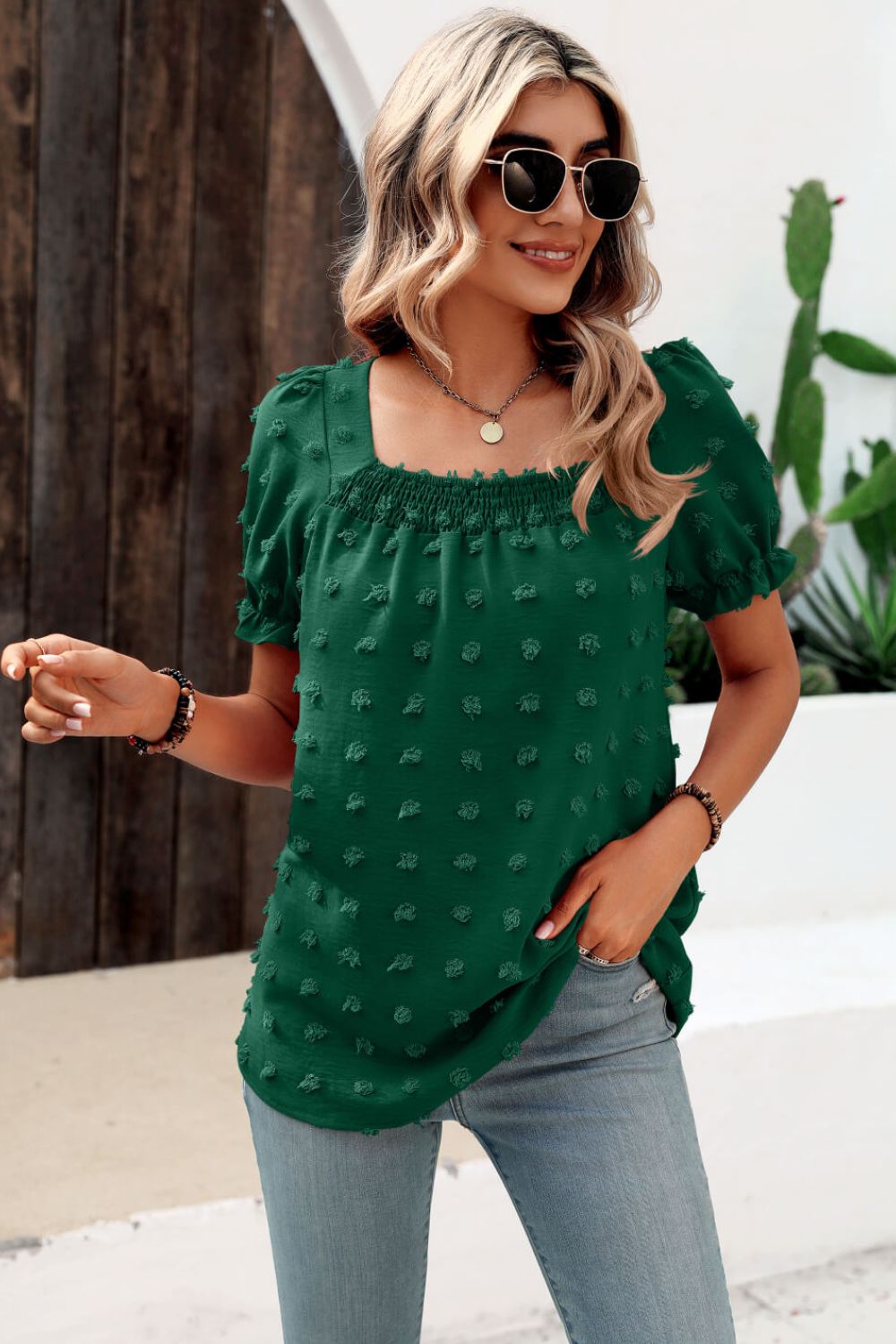 swiss dot puff sleeve square neck blouse