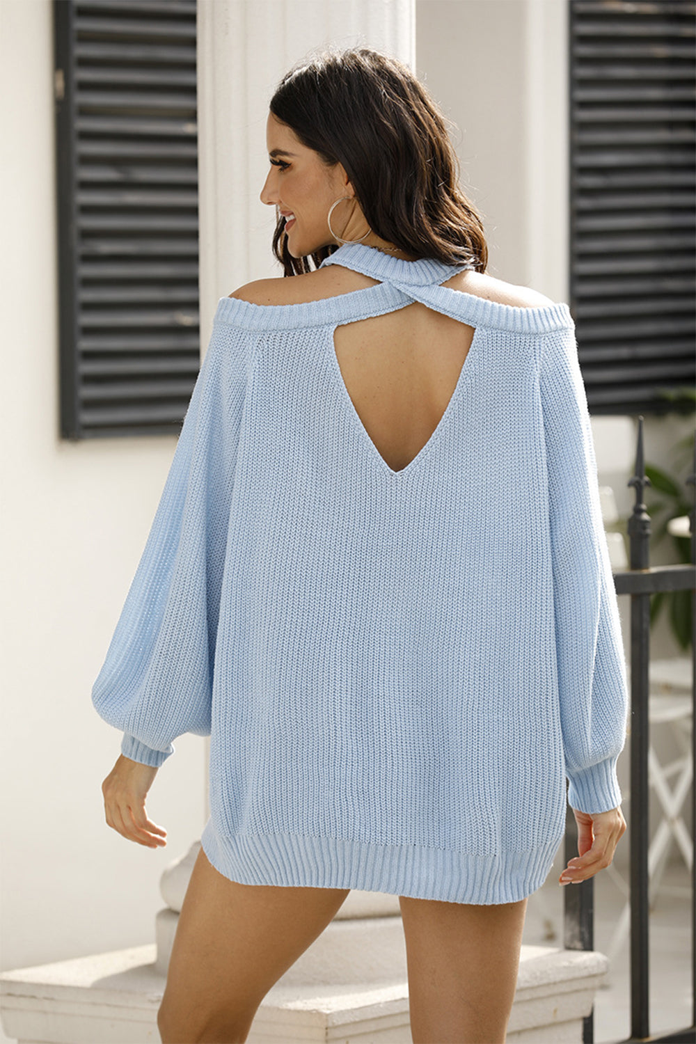 ribbed long sleeve cold shoulder knit top