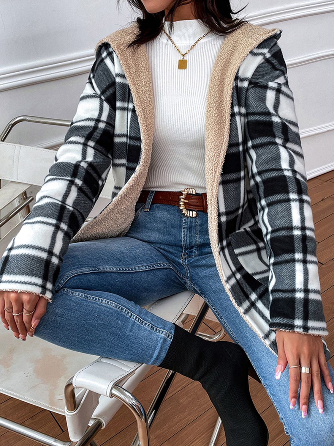 plaid hooded longline coat